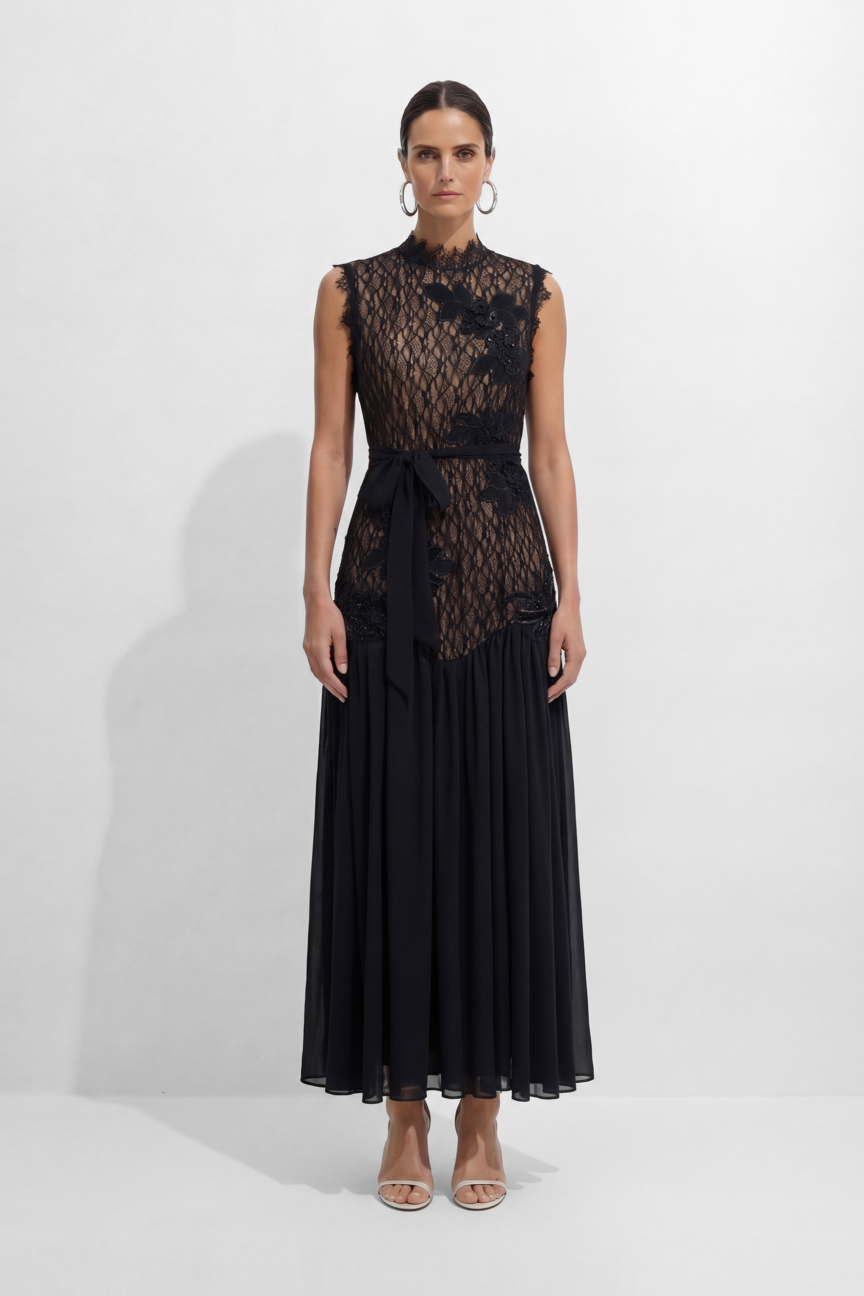 Out In Elegance Black Floral Applique Lace Bodice Maxi Dress